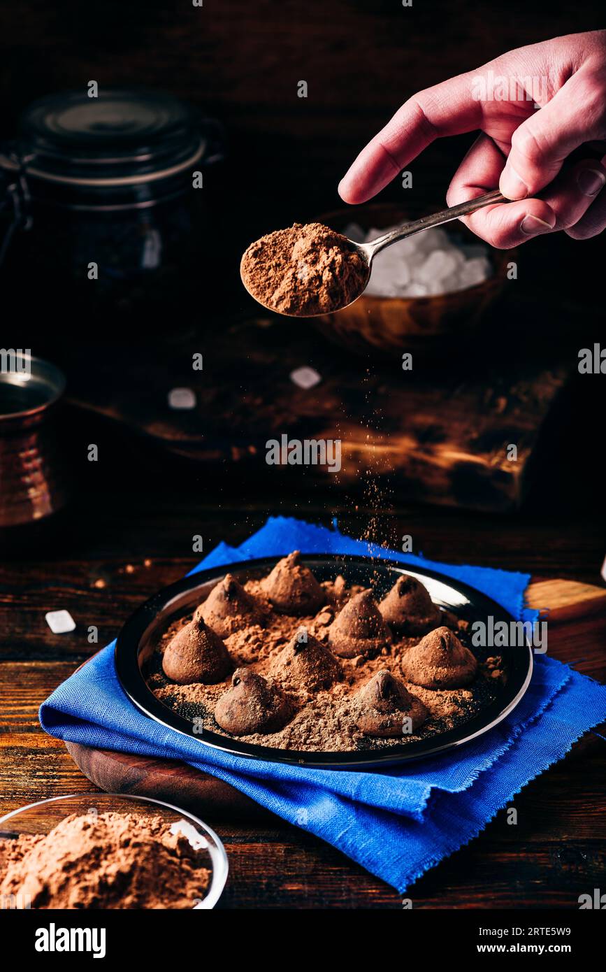 Hausgemachte Trüffel mit dunkler Schokolade auf Metall Fach Stockfoto