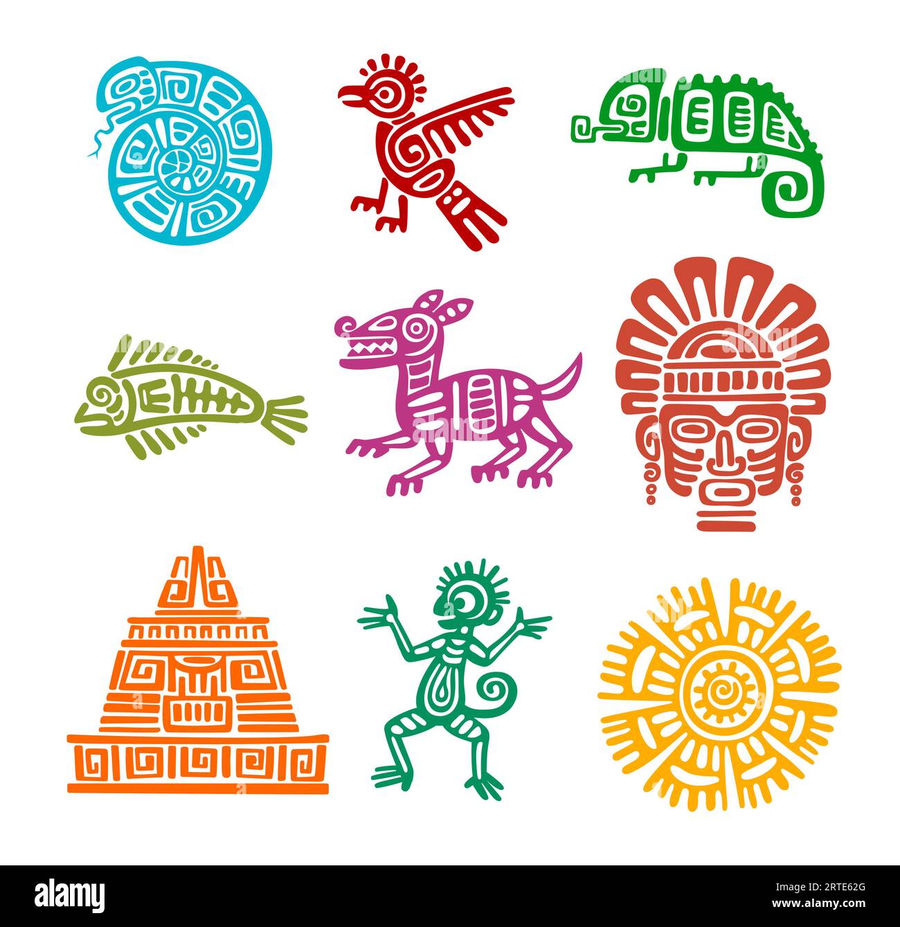 Maya-azteken-Totem aus Schlange, Adlervogel, Fisch und Chamäleon, Affe, Hund und Tiki-Maske, Sonne, Inka-Pyramide. Lateinamerikanische oder mexikanische Geschichte, traditionelle Kunst oder maya-Zivilisation Vektor antike Symbole Stock Vektor