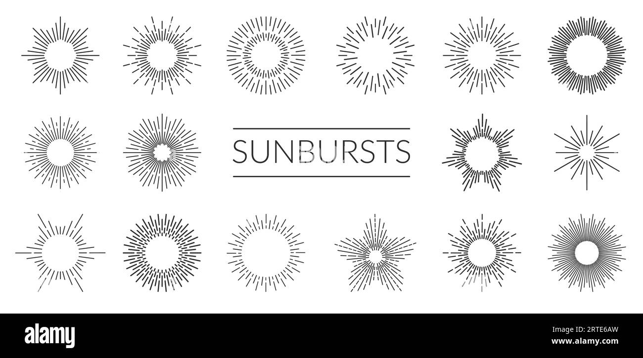 Vektorstarburst, Sonneneruptionen, Sternenhimmel und Sonnenstrahlen bilden die Liniensymbole. Strahlender Glanz von Sternen und Sonnenbrillen mit Sonnenlicht, linearen Sonnenstrahlen und Kreisen aus funkelndem Sonnenlicht Stock Vektor