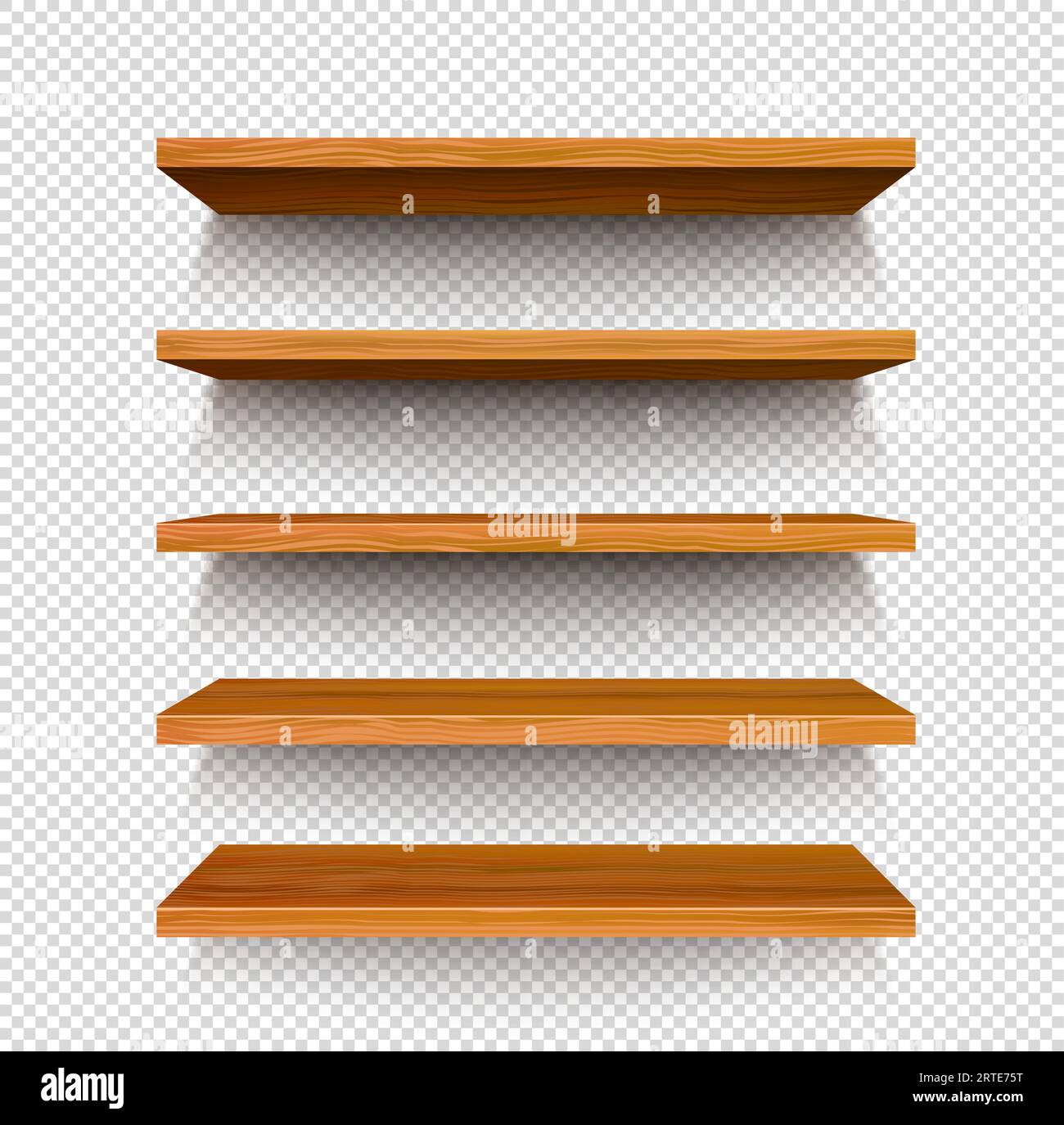 Holzregal auf transparentem Hintergrund. Vektor realistische leere Wandregale, Bücherregale und Präsentationsregale mit 3D-Holzplatten und Schatten. Möbel für Buchhandlung, Haus- und Büroeinrichtung Stock Vektor