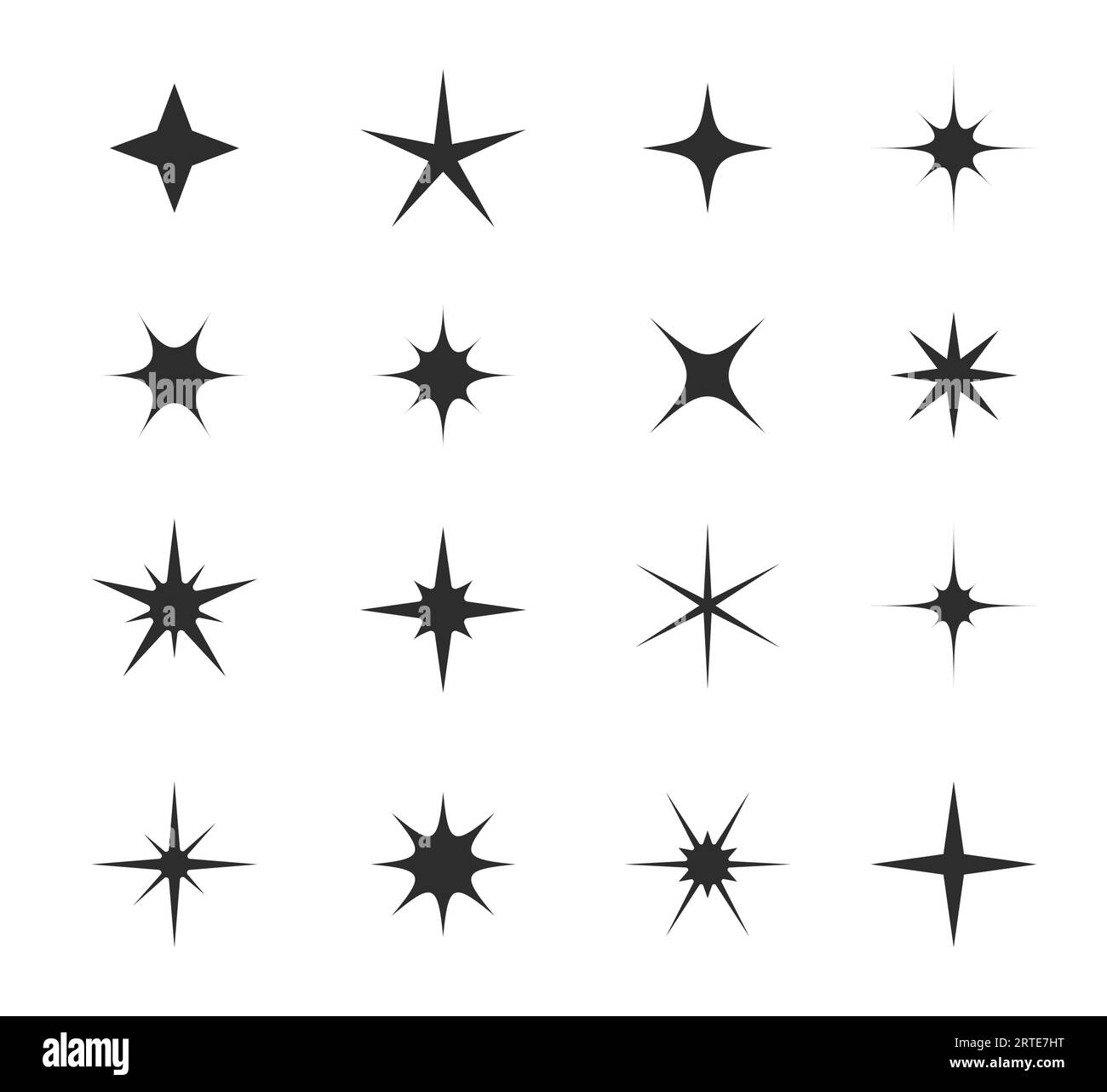Glitzernde, sternförmige und funkelnde Symbole. Glanz-, Glitzer-, Blitz- oder Leuchtvektorlichteffekte heller Sterne mit leuchtenden Strahlen und Funken. Vereinzelte Zeichen von Magie funkeln, Sternenexplosionen, Feuerwerk Stock Vektor
