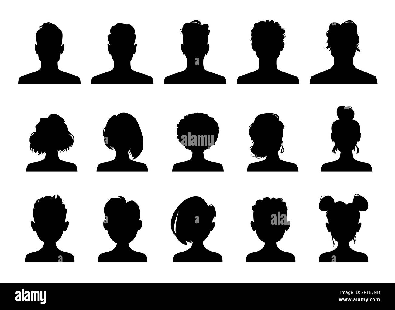 Avatar-Profilsilhouetten, Vektorporträts von Personenköpfen. Männliche oder weibliche Avatare anonymer Personen, Symbol für Nutzerprofile in sozialen Medien, Silhouetten von Mann, Frau, Mädchen und Jungen mit modernen Frisuren Stock Vektor