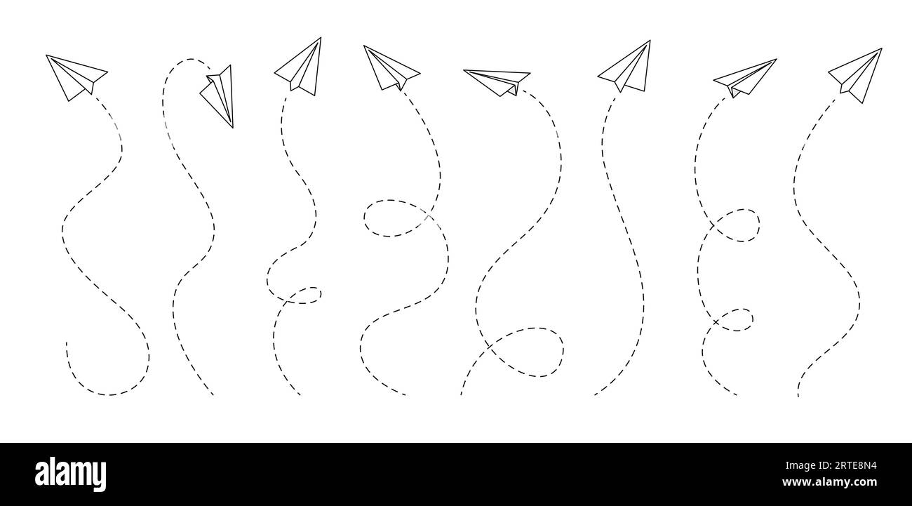 Papierflugzeugleitungen. Vector Hand gezeichnete Umrisspapierflugzeuge und Flugzeuge mit gestrichelten Linien von Flugroutenpfaden. Isolierte Origami-Flugzeuge, fliegende Segelflugzeuge mit gefalteten Papierflügeln und Kondensstreifen Stock Vektor