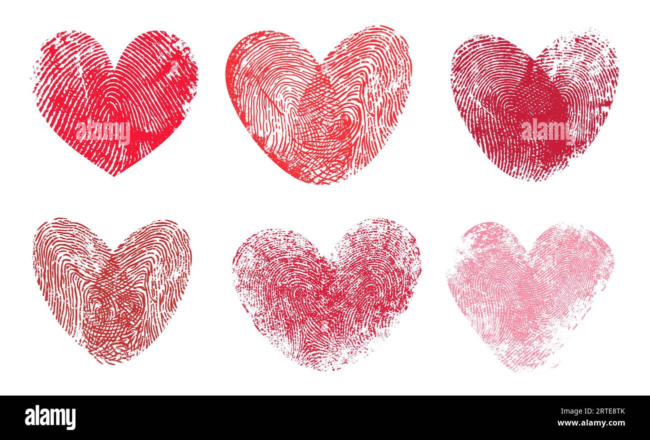 Fingerprint-Herzen. Rote Drucke von Vektor-Daumenfinger, Liebe und Romantik Konzept. Hochzeitseinladung, Hochzeitstag oder Valentinskarte mit isolierten doppelten Fingerabdrücken in Herzform Stock Vektor