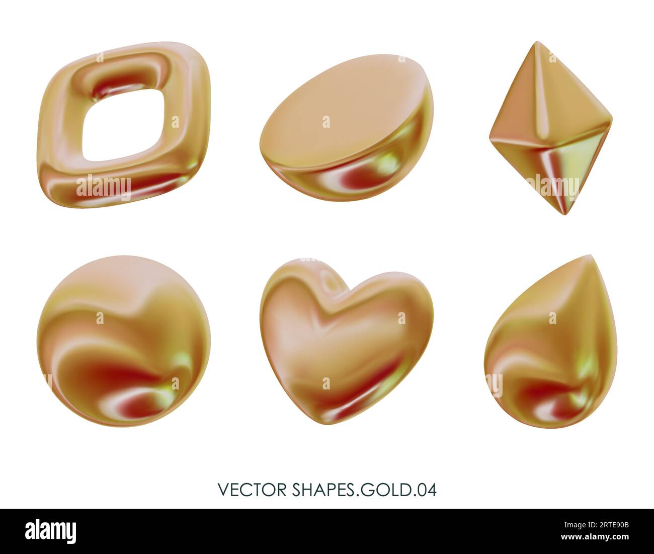 Realistisches 3D-Rendering von Goldfiguren. Gelbe metallische Konstruktionsobjekte. Dekorative geometrische Vektorformen. Kristall, Kugel, Halbkreis, Herz, Tropfen. Isolat Stock Vektor