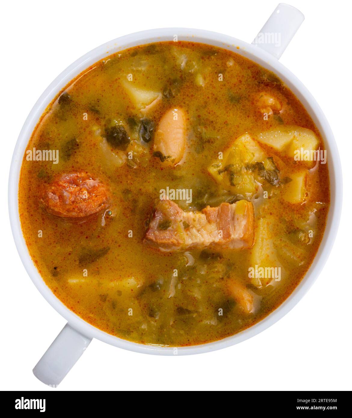 Galicischer Topf, dicke heiße Suppe aus verschiedenen Fleisch- und Gemüsesorten. Stockfoto