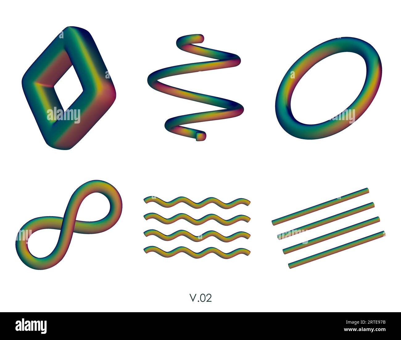 Realistisches 3D-Rendern geometrischer Figuren. Mattschwarze Designelemente. Bunte dekorative Vektorformen. Spirale, Wellenlinien, Ring, Torus, Unendlichkeitssymbol Stock Vektor