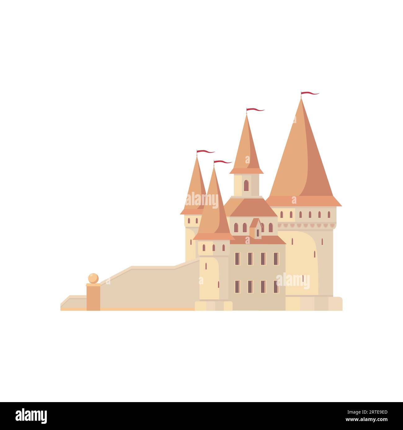 Mittelalterliche Burg, Königin oder Königspalast mit Türmen und Flagge. Vector cinderella Fantasy Fort, steinerne Gebäude. Königliche Festung Stock Vektor