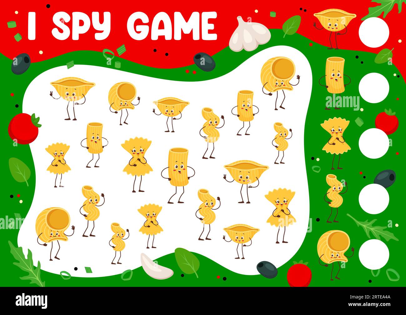 Italienische Pasta-Charaktere, die ich Spionage, Vektor-Arbeitsblatt. Puzzle-Quiz oder mathematisches Spiel mit süßen Makkaroni- oder Nudelfiguren. Kinder rätseln mit lustigen Farfalle, Fusilli, Conchiglie, Rigatoni und Lumache Pasta Stock Vektor