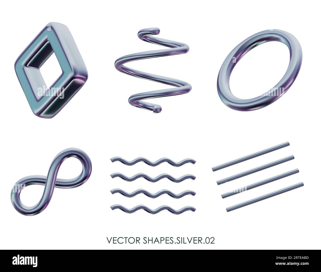 Realistische 3D-Rendering-Silberfiguren. Design-Objekte aus grauem Platin-Metall. Dekorative geometrische Vektorformen. Spirale, Wellenlinien, Ring, Torus, Infin Stock Vektor