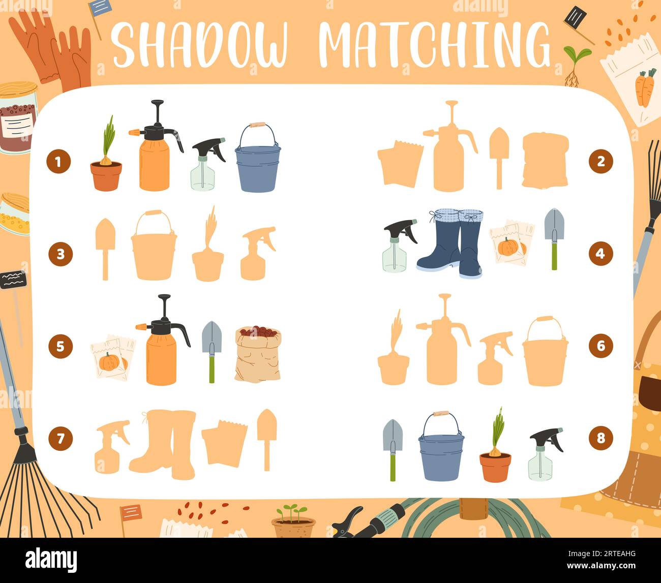 Schattenspiel von Farmen- und Gartengeräten. Kinder Puzzle Quiz Vektor-Arbeitsblatt, finden und verbinden Paare von Zeichentrickbäuerin Ausrüstung, Gartenpflanzen und Blumentöpfe, Schaufeln, Eimer und Samen Stock Vektor