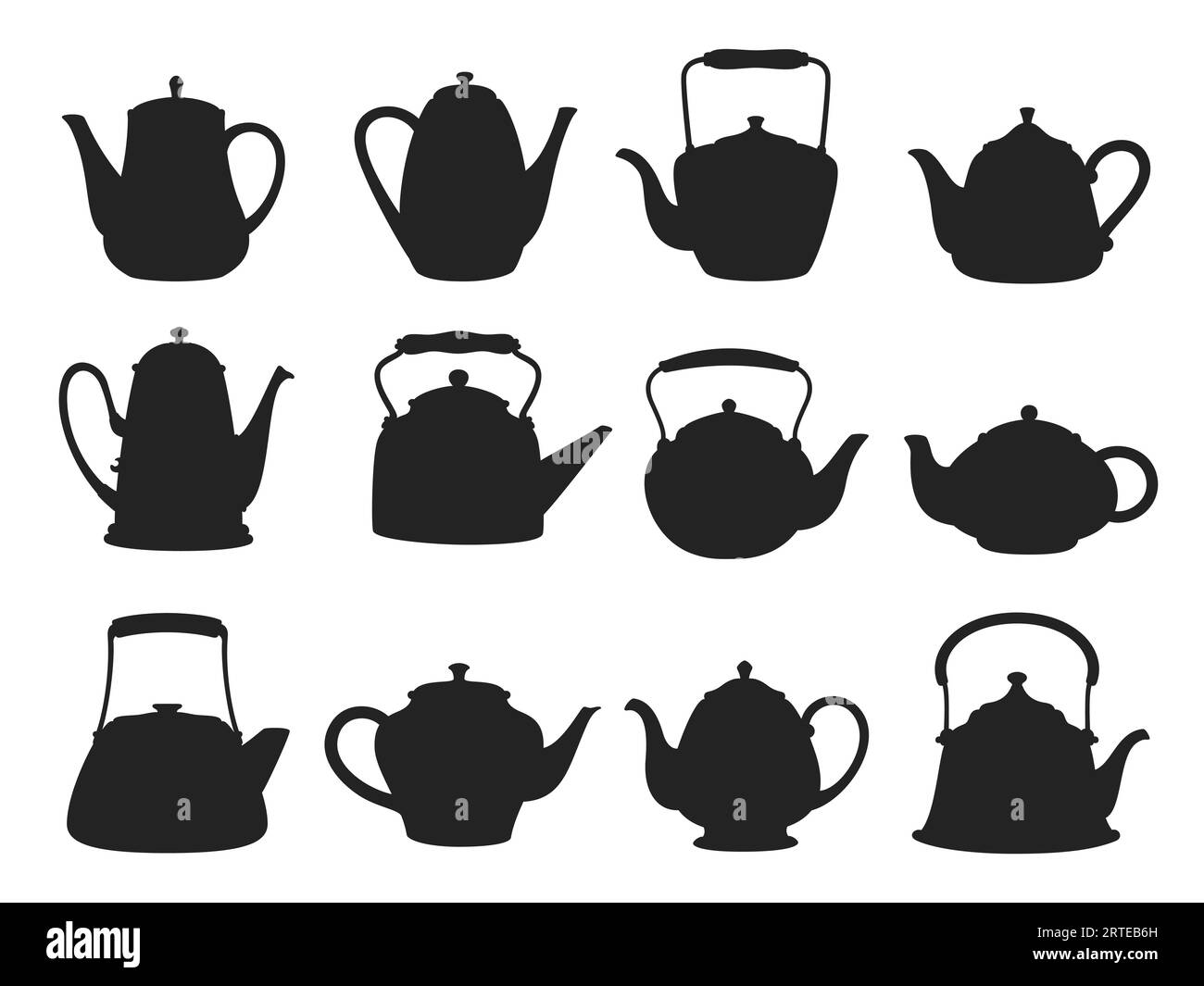 Silhouetten aus Keramik für Teekanne und Wasserkocher. Vector Küchengeschirr, schwarzer Kaffee oder Teekannen für heiße Getränke oder Getränke. Isoliertes Set aus Retro-Geschirr, handgemachten Töpferwaren oder Vintage-Haushaltsutensilien Stock Vektor