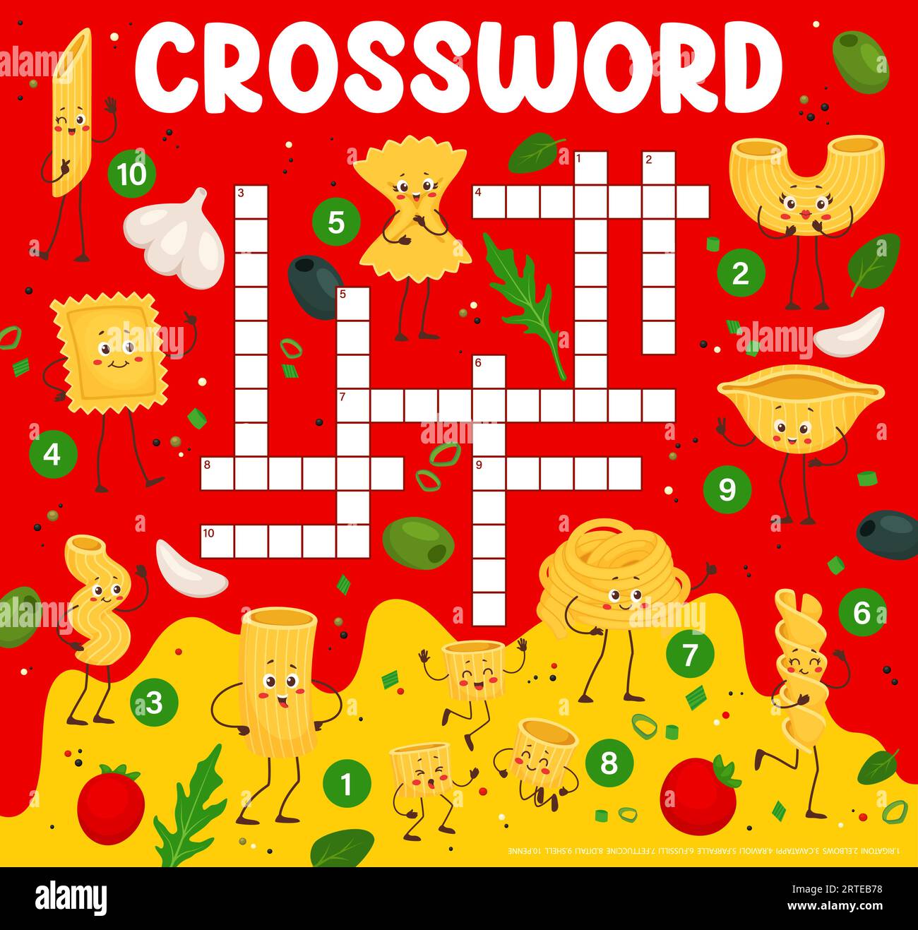 Kreuzworträtsel-Quiz-Spielraster. Comic italienische Pasta Charaktere finden Wort Puzzle Vektor Arbeitsblatt. Italien Küche Essen Persönlichkeiten Kreuzworträtsel Spiel mit lustigen Penne, Farfalle, Makkaroni, Ravioli und Fettuccine Stock Vektor