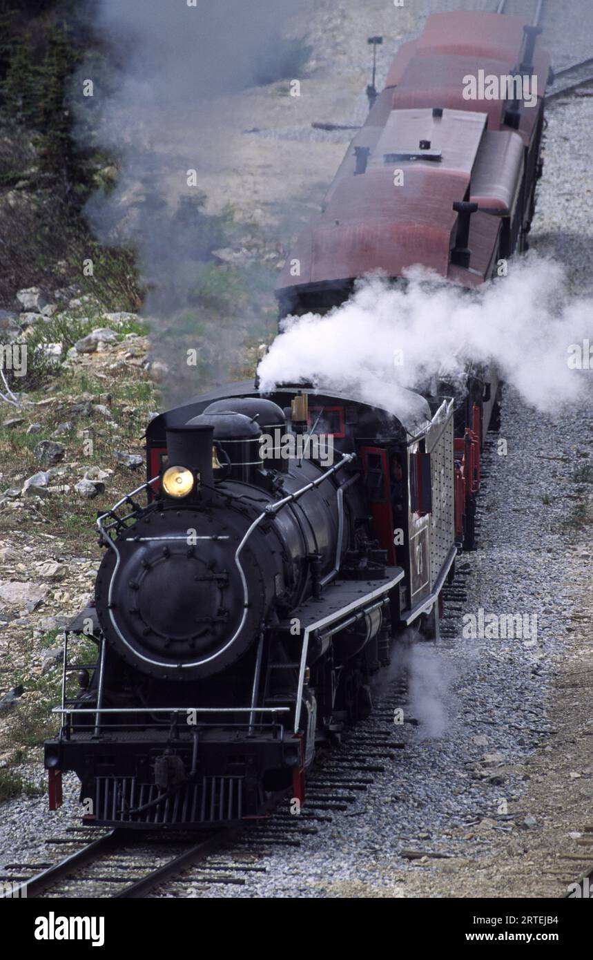 Dampflokomotive und Wagen der White Pass and Yukon Railroad; Klondike, Alaska, Vereinigte Staaten von Amerika Stockfoto
