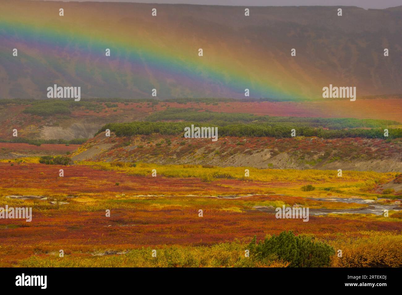 Regenbogen fällt über die farbenfrohe Tundra in der Uzon-Caldera des Krontosky Nature Reserve, Russland; Kronotsky Zapovednik, Kamtschatka, Russland Stockfoto
