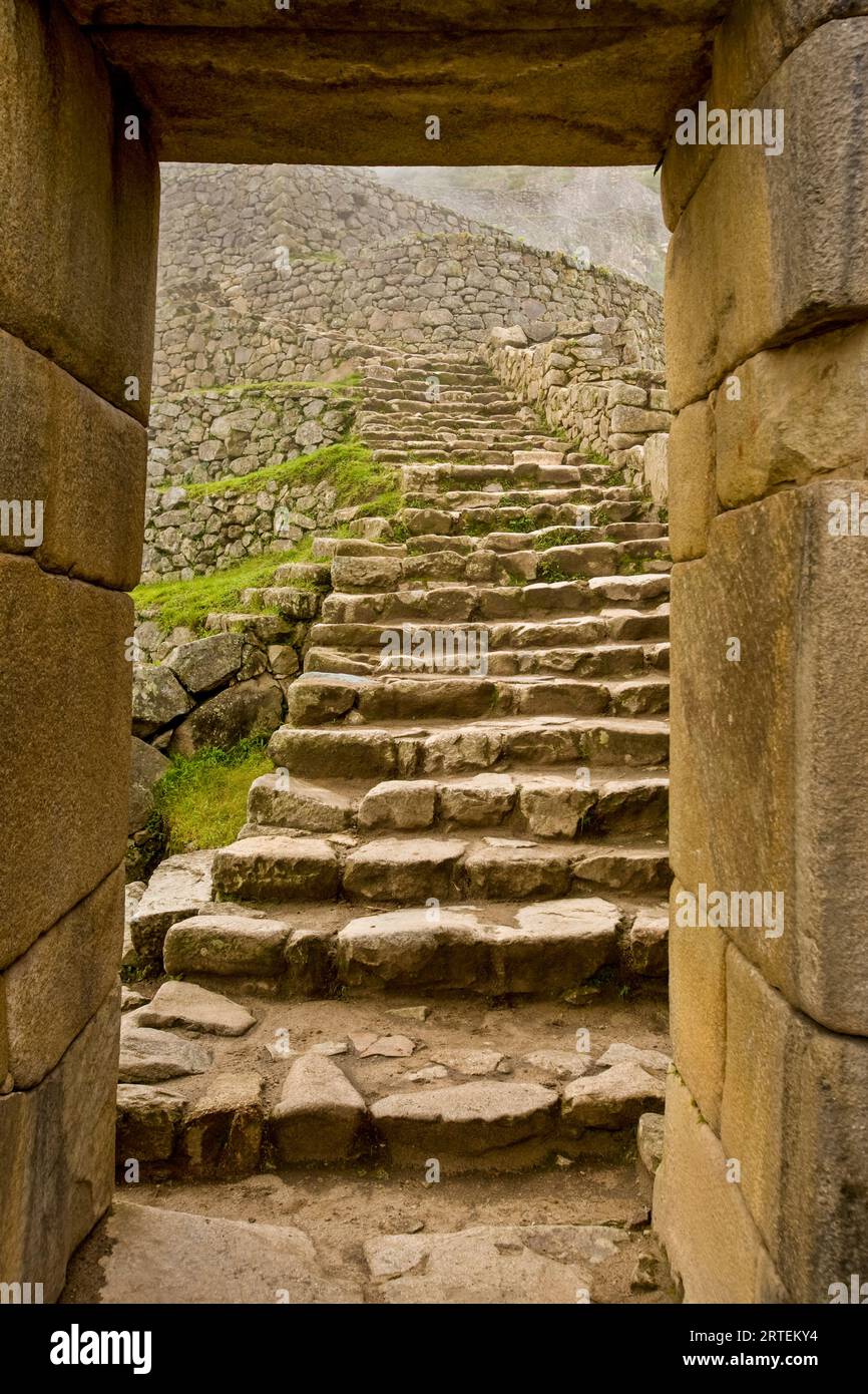 Treppe auf Machu Picchu; Machu Picchu, Peru Stockfoto