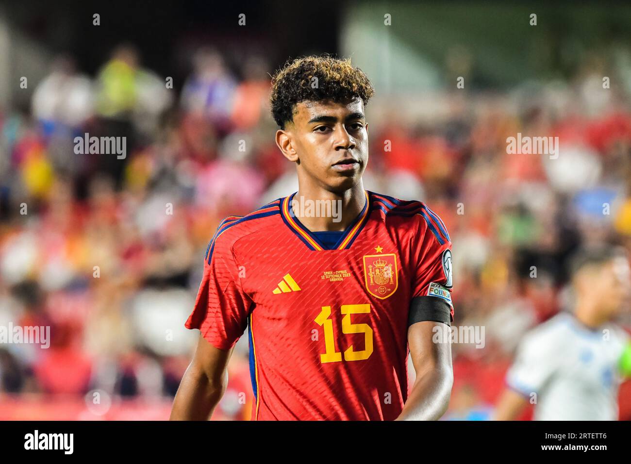 Granada, Granada. September 2023. GRANADA, SPANIEN - 12. SEPTEMBER: Lamine Yamal aus Spanien reagiert während des Spiels zwischen der spanischen Nationalmannschaft und dem Cyprus Football Federation of FIFA European Qualifier am 12. September 2023 in Nuevo Los Carmenes in Granada, Spanien. (Foto von Samuel Carreño/Credit: PX Images/Alamy Live News Stockfoto