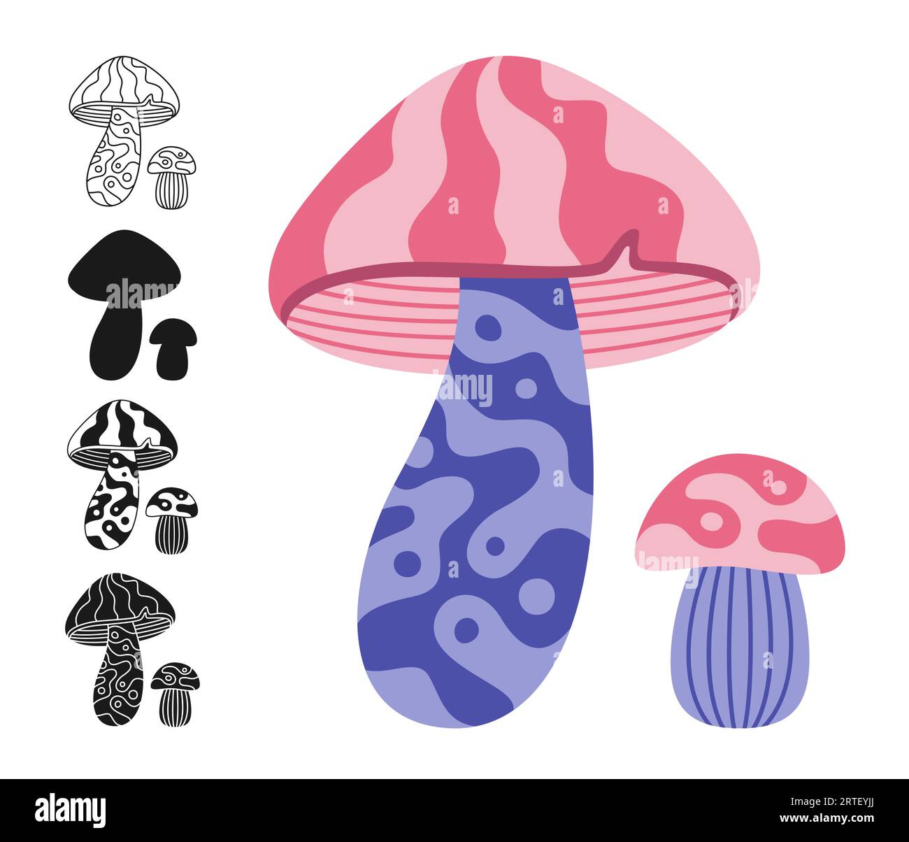 Pilz stilisiert Retro-Hippie-Porcini-Set. Farbige, silhouettenförmige oder symbolträchtige Doodle-Tätowierung, verzierte Speisepilze. Psychedelic Fantastic Pilz Aufkleber Retro Alchemie Vektor Sammlung Stock Vektor