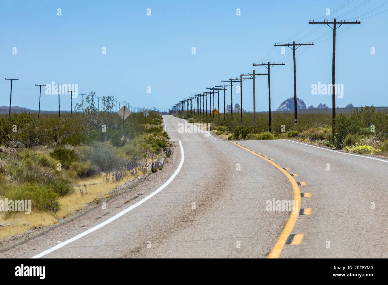 USA, Kalifornien, Barstow, Mojave National Preserve, leere Autobahnen und Strommasten in der Wüste Stockfoto