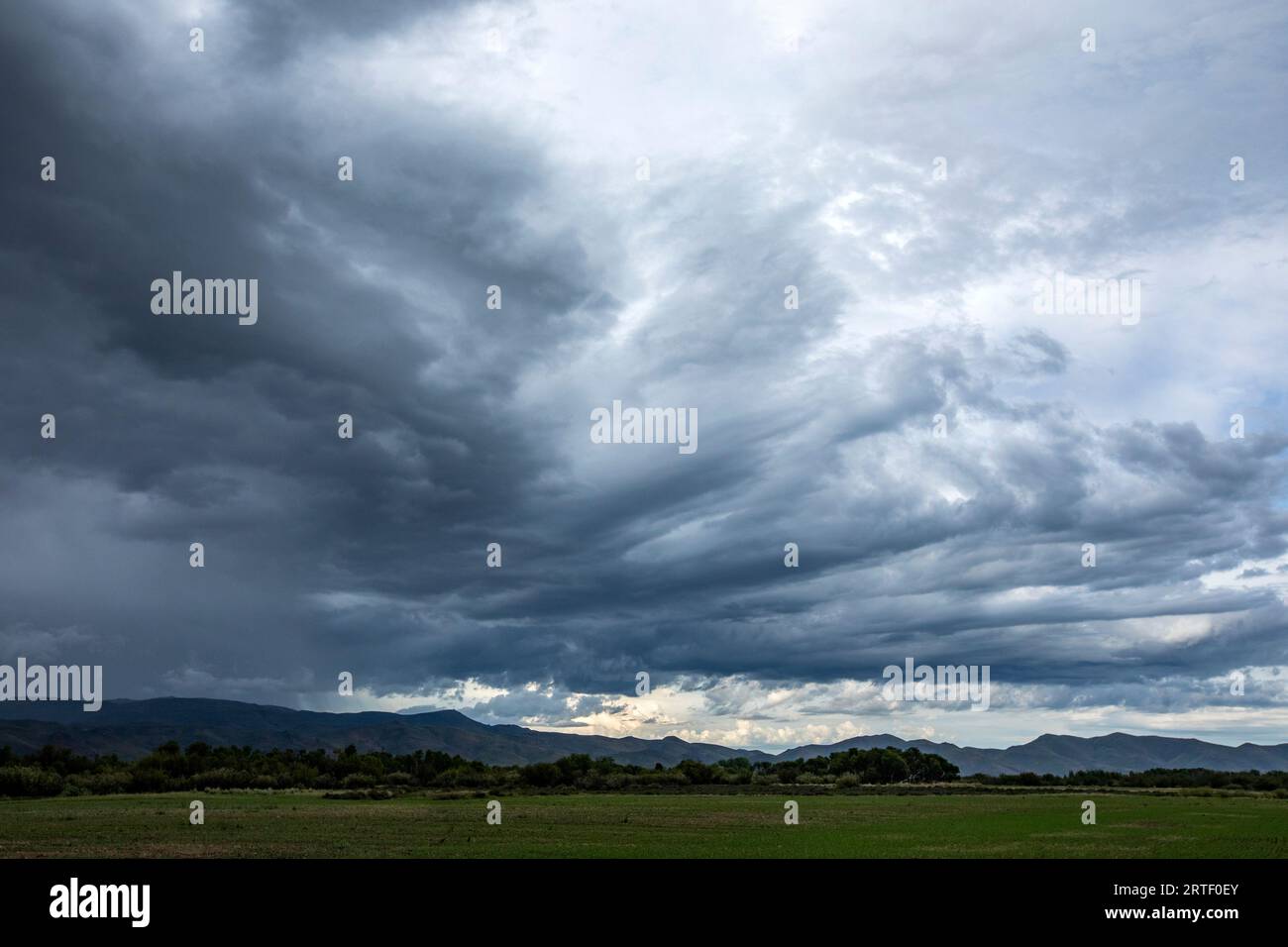 USA, Idaho, Bellevue, Sturmwolken über der Landschaft mit Wiese Stockfoto
