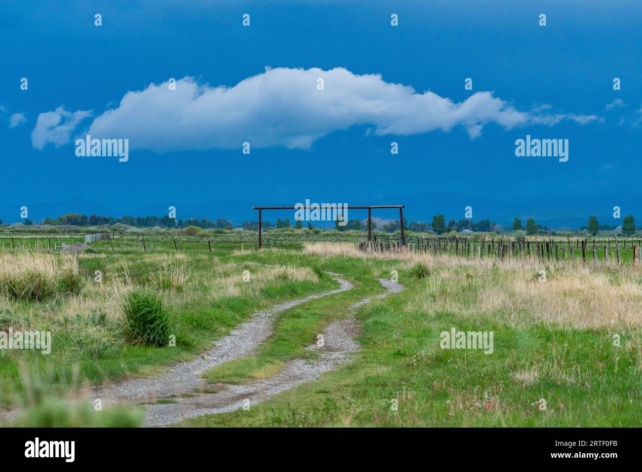 USA, Idaho, Bellevue, Wolken über einer leeren Wiese mit unbefestigtem Weg Stockfoto