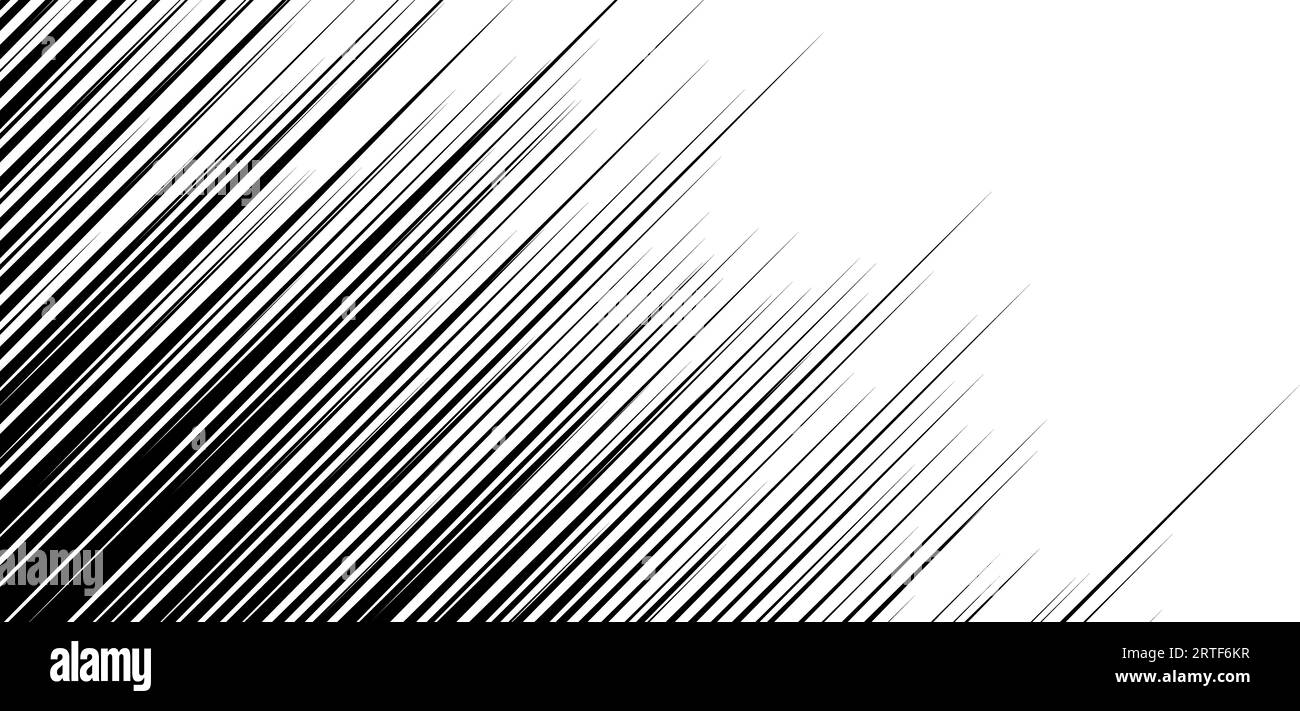 Linienmuster für gerade Geschwindigkeit. Schwarz-weiß-diagonale Streifen mit Farbverlauf. Abstrakte Textur mit schnellem Effekt. Comic- oder Cartoon-Buch Rays and Beams Tapete. Vektorhintergrundillustration Stock Vektor