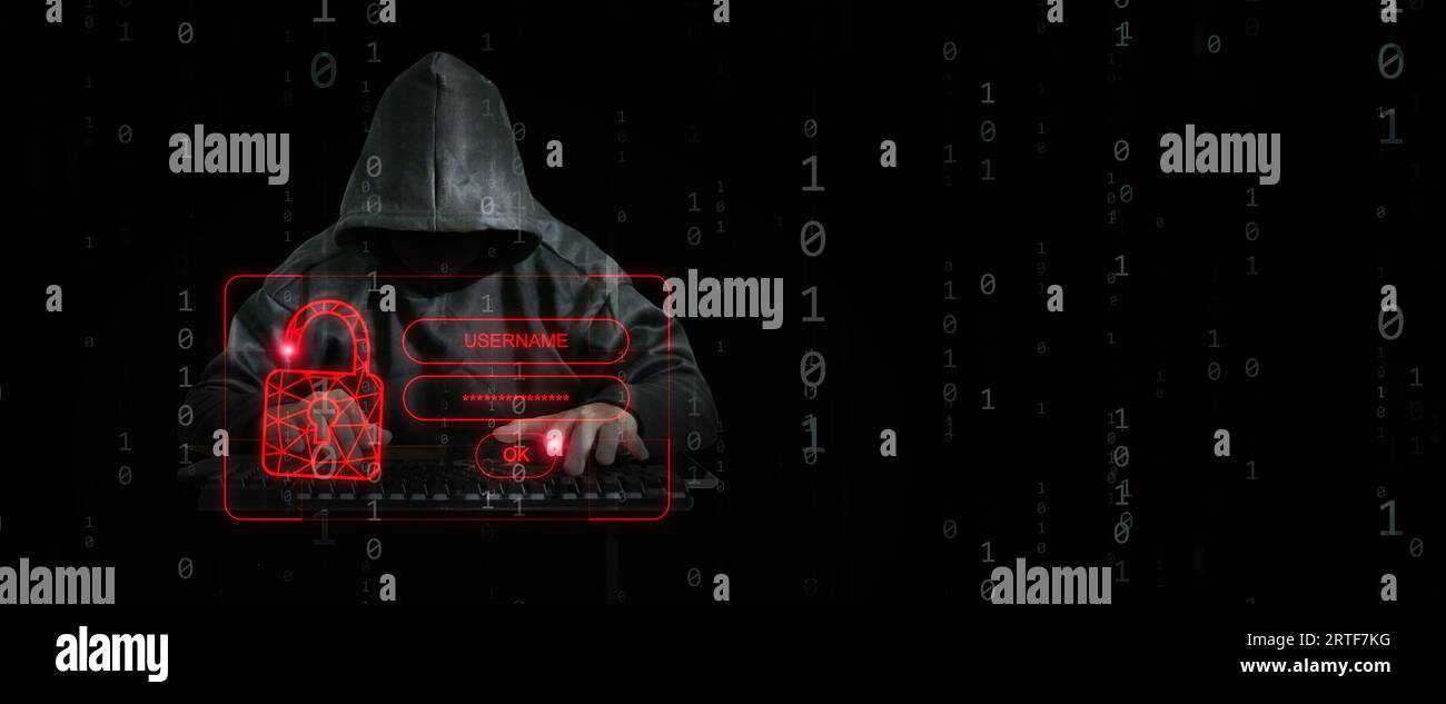 Ein Hacker hinter binärem Code, einem Datenstrom, setzt die Cybersicherheit frei, indem er Ihren Benutzernamen und Ihr Kennwort hackt Stockfoto