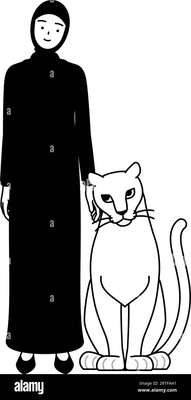 Die muslimische Frau streichelt eine Löwin, Vektor-Illustration Stock Vektor