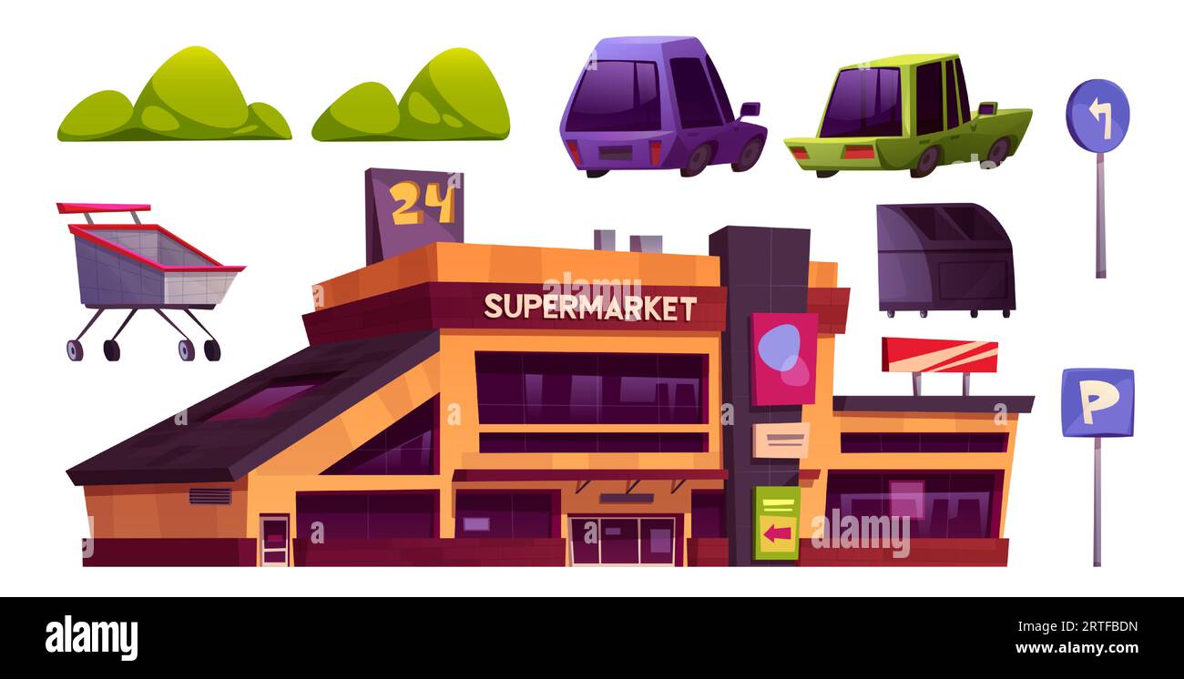 Supermarkt Parkplatz Cartoon Vector Set - Fassade des großen Supermarktes, geparkte Autos, Parkplatz Schilder und grüne Büsche für das Außendesign des Geschäfts. Eingang zum Ladengebäude mit urbanen Elementen im Freien. Stock Vektor