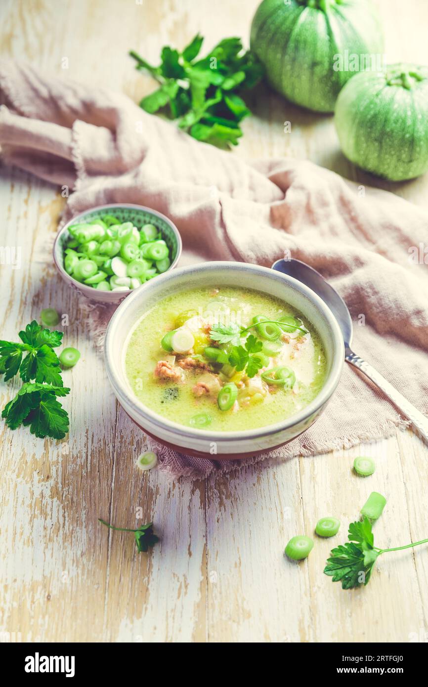 Leckere hausgemachte Zucchini-Suppe, Suppenpüree aus grünem Gemüse. Stockfoto