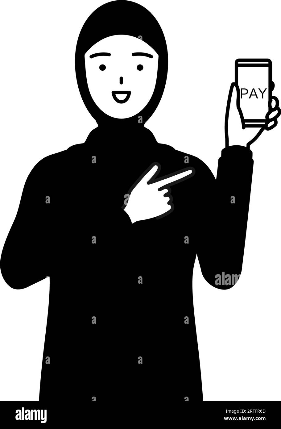Muslimische Frau, die bargeldlose Online-Zahlungen auf einem Smartphone empfiehlt, Vektor-Illustration Stock Vektor