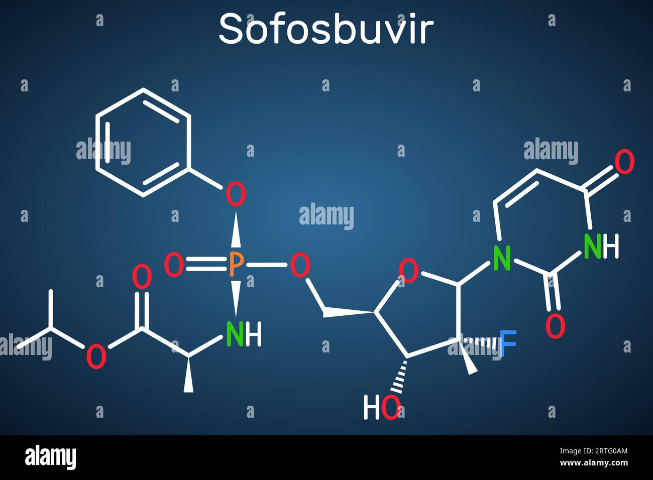 Sofosbuvir-Molekül. Es ist ein antivirales Medikament, das zur Behandlung von Hepatitis-C-Viren und HCV-Infektionen verwendet wird. Strukturelle chemische Formel auf dunkelblauem Hintergrund. Stock Vektor