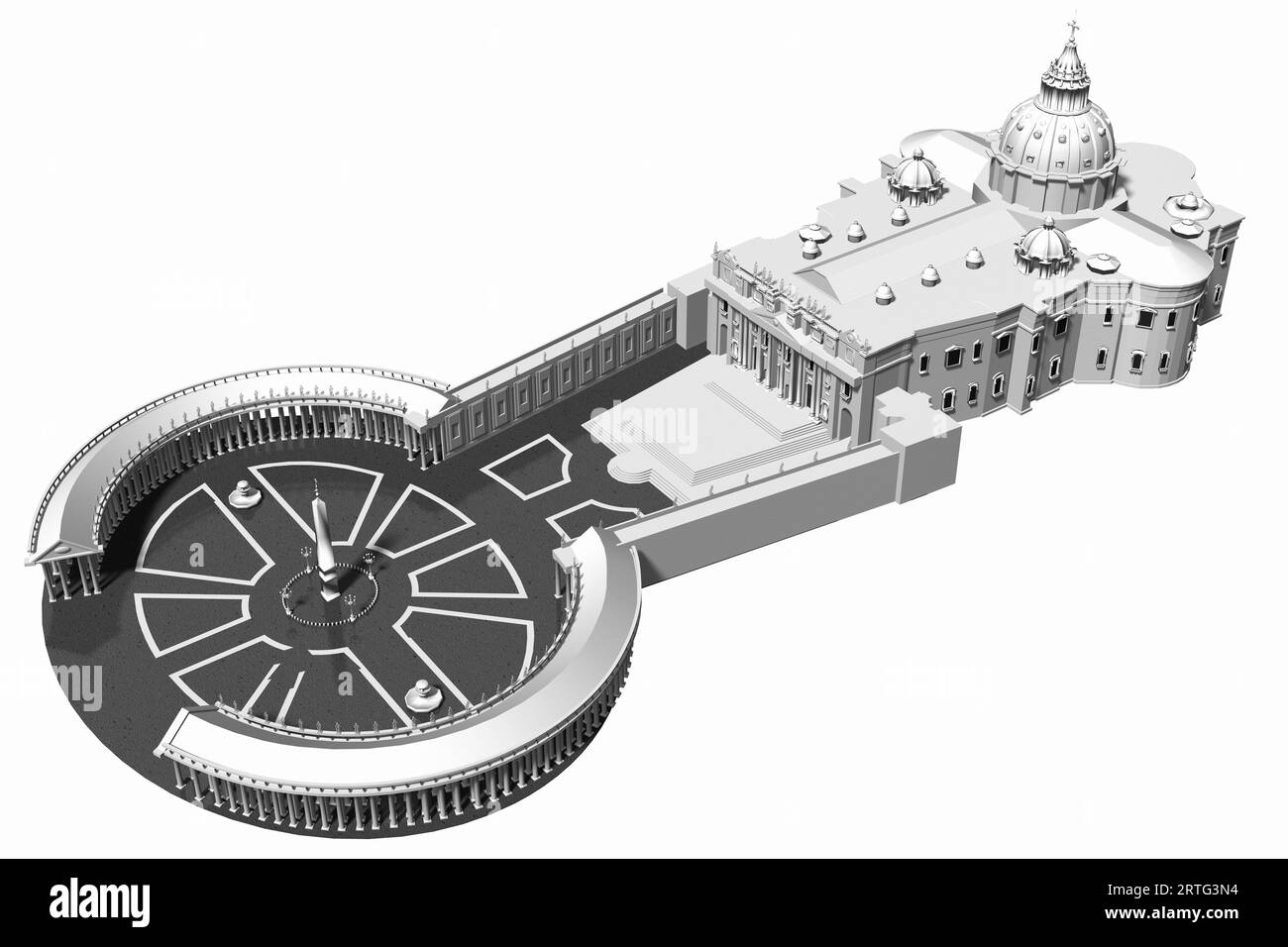 St. Der Petersplatz in Vatikanstadt in den päpstlichen Staaten wurde von oben auf weißem Hintergrund gedreht. 3D-Illustration Stockfoto