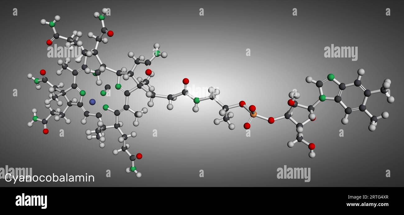 Cyanocobalamin, Cobalaminmolekül. Es handelt sich um eine Form von Vitamin B12. Molekulares Modell. 3D-Rendering. Abbildung Stockfoto