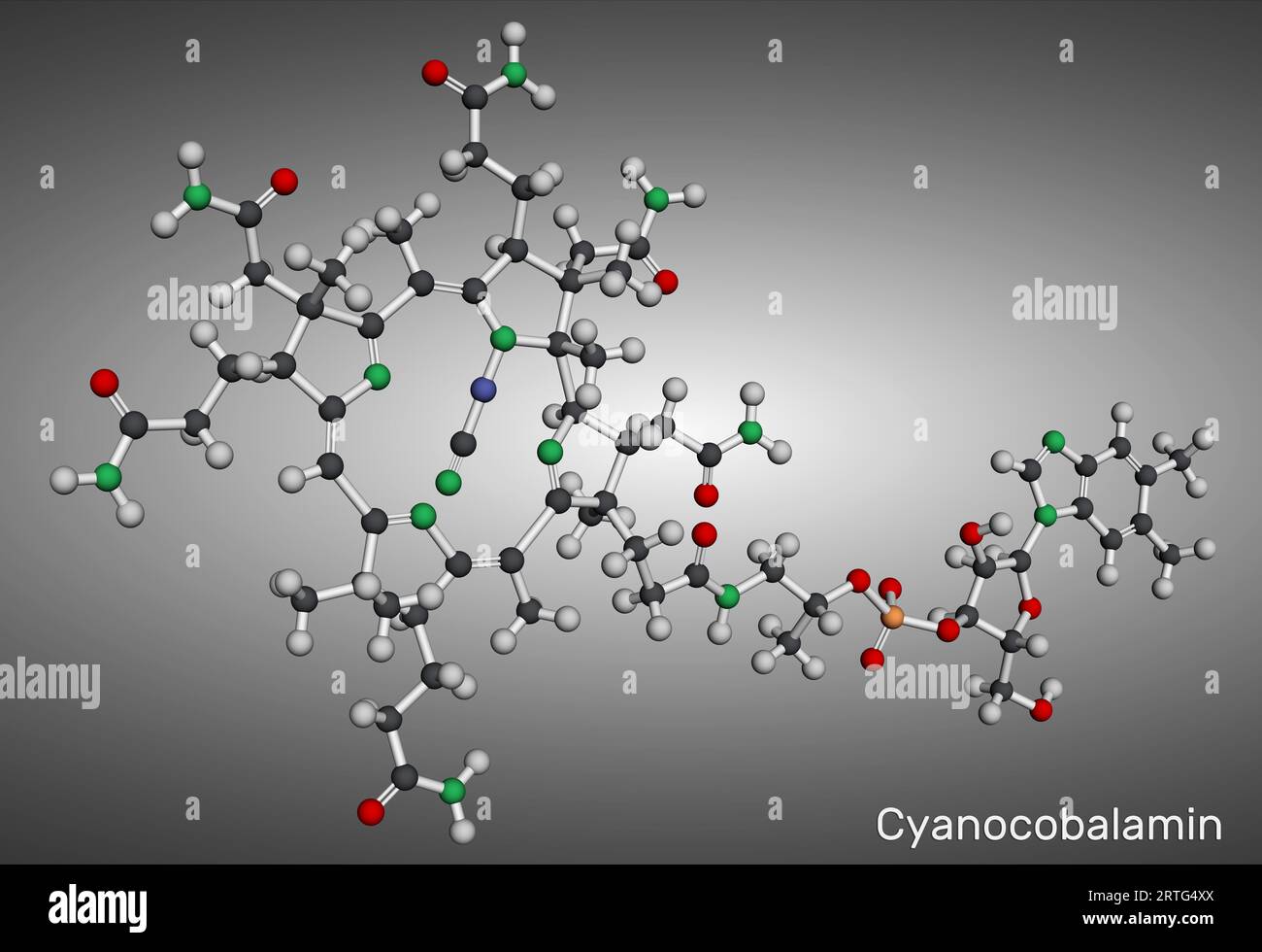 Cyanocobalamin, Cobalaminmolekül. Es handelt sich um eine Form von Vitamin B12. Molekulares Modell. 3D-Rendering. Abbildung Stockfoto