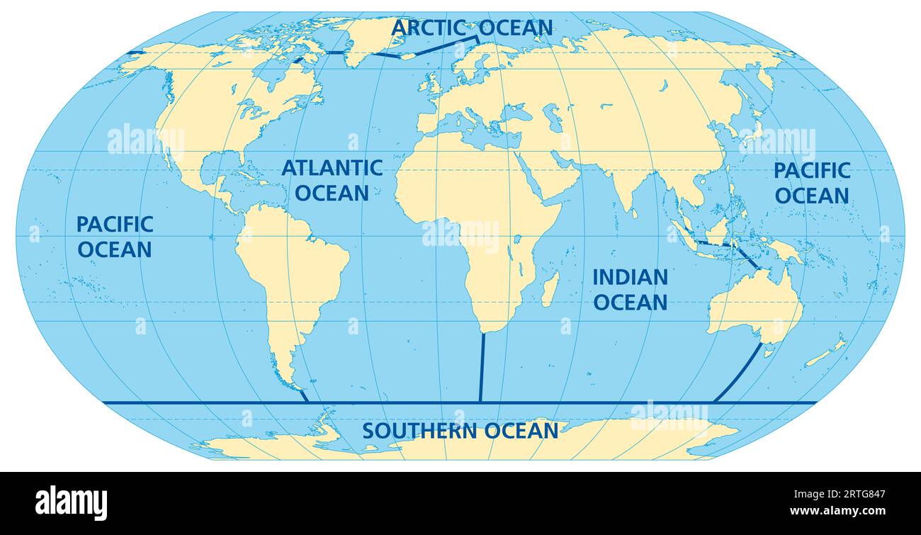 Weltkarte der fünf Ozeane, Modell der ozeanischen Divisionen mit ungefähren Grenzen. Pazifik, Atlantik, Indischer Ozean, Arktis und Südpolarmeer. Stockfoto