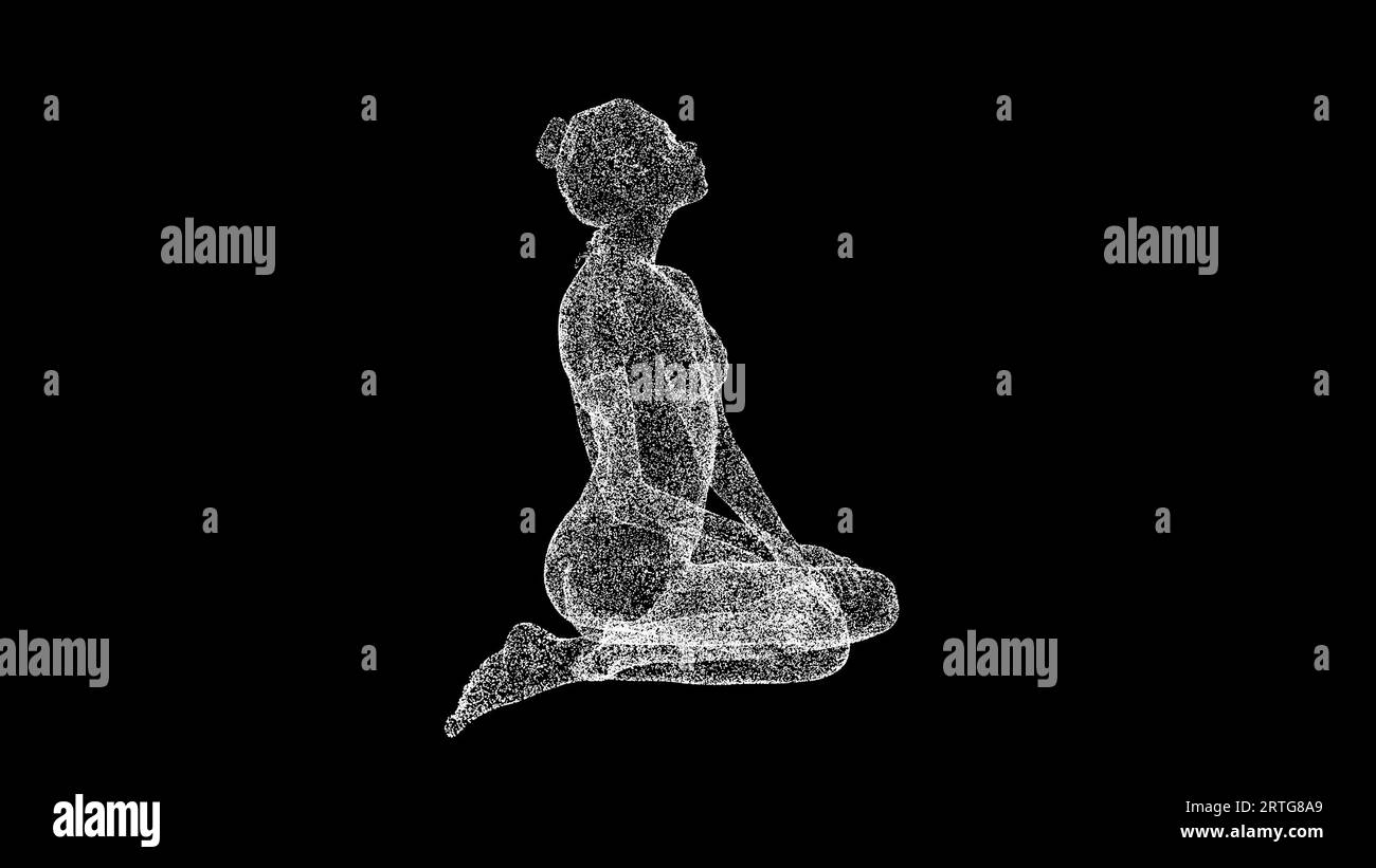 3D-Yoga-Frau auf schwarz bg. Sport-Fitness-Konzept für Ruhe. Gesunder Lebensstil. Hintergrund der Geschäftswerbung. Für Titel, Text, Präsentation. 3D-Animation Stockfoto
