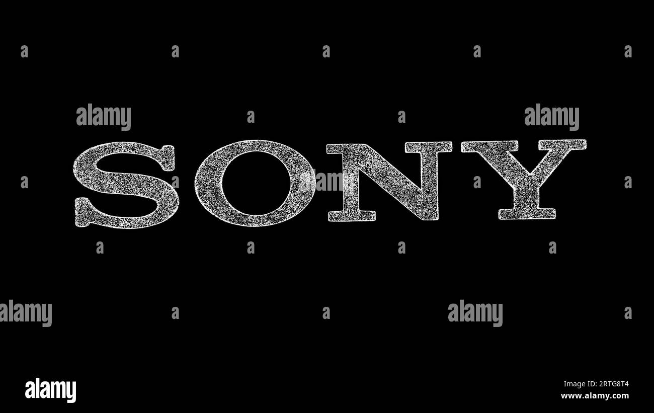 3D SONY Logo auf schwarzem Hintergrund. Spiel- und Unterhaltungskonzept. Unterhaltungsindustrie. Hintergrund der Geschäftswerbung. Für Titel, Text Stockfoto