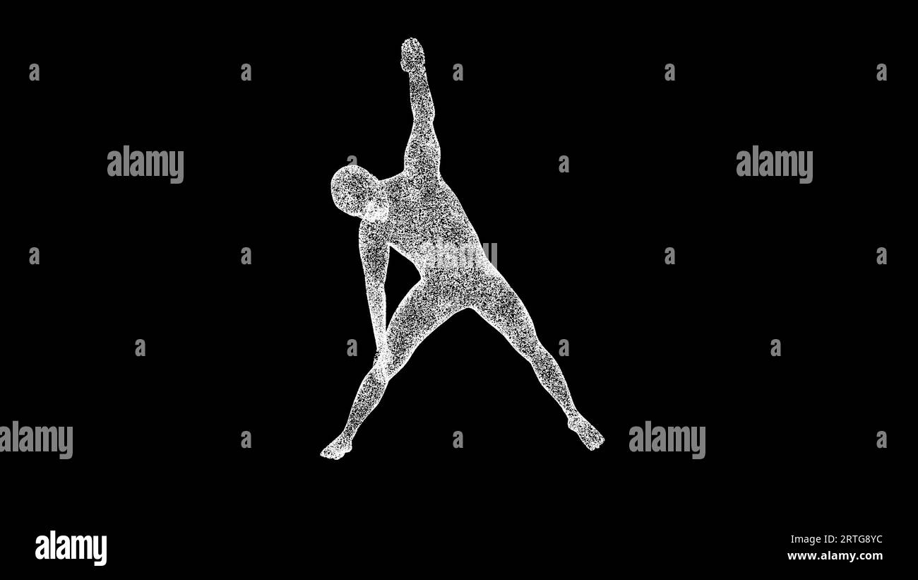 3D man führt Stretching auf schwarzem Hintergrund durch. Sport- und Wettkampfkonzept. Fitness und Training. Hintergrund der Geschäftswerbung. Für Titel, Text Stockfoto