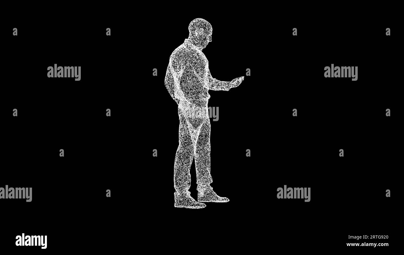 3D-Mann mit Mobiltelefon auf schwarzem Hintergrund. Modernes Technologiekonzept. Lernen und soziale Medien. Hintergrund der Geschäftswerbung. Für Titel, Text Stockfoto