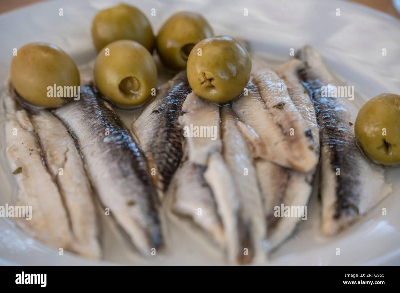 Ein Teller Sardellen und Oliven. Ein typisches Tapas-Gericht in Spanien. Stockfoto