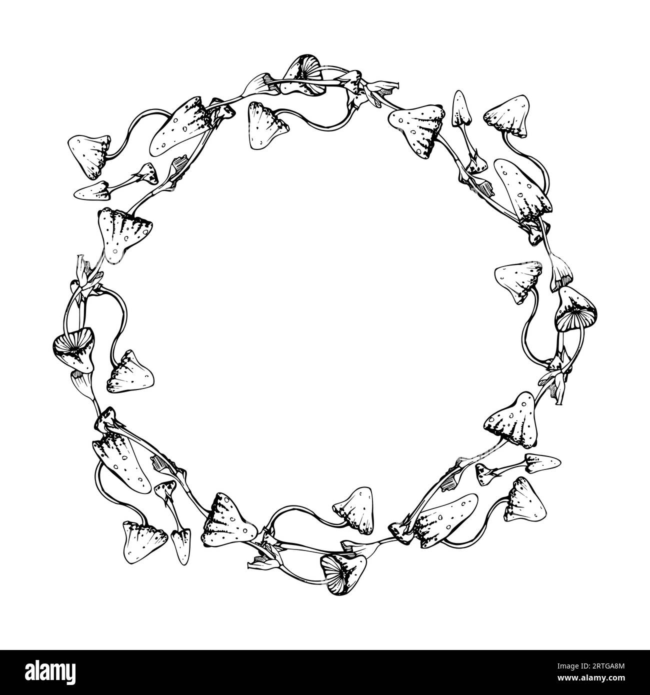 Hand gezeichneter Tintenvektor giftiger Pilz-Katzenpilz isolierter Kranzrahmen. Skizzenillustration Kunst Hexerei, Medizin, Chemie, Alchemie Stock Vektor