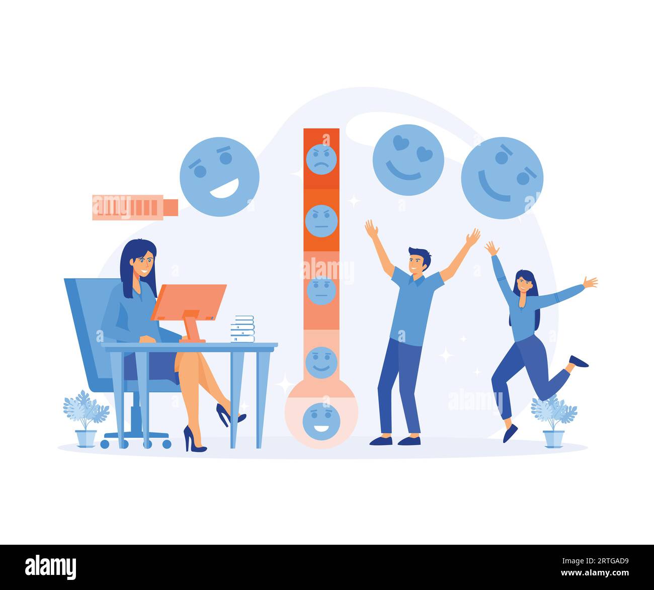 Thermometer als Belastungsskala Emotionen, Stimmung. Voll aufgeladener aktiver geistig gesunder Mitarbeiter. Flache Vektor-moderne Illustration Stock Vektor