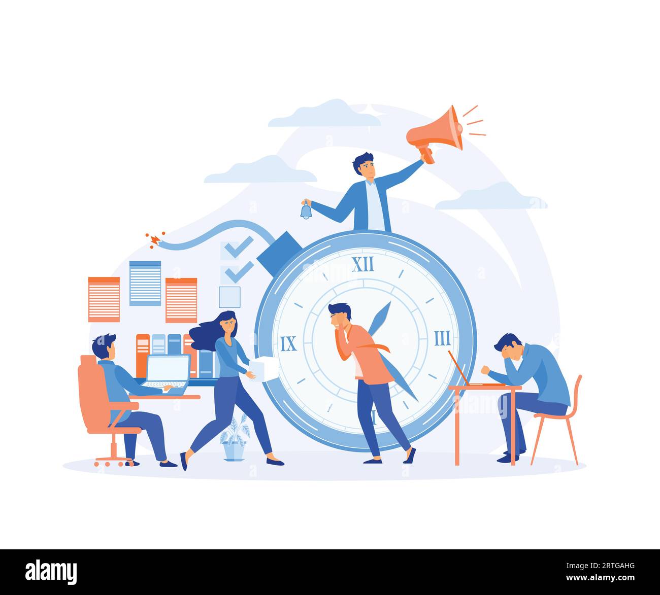Frist für das Büro. Gestresste Mitarbeiter, die Überstunden machen. Zeitbombe, Zeitmanagement. Flache Vektor-moderne Illustration Stock Vektor