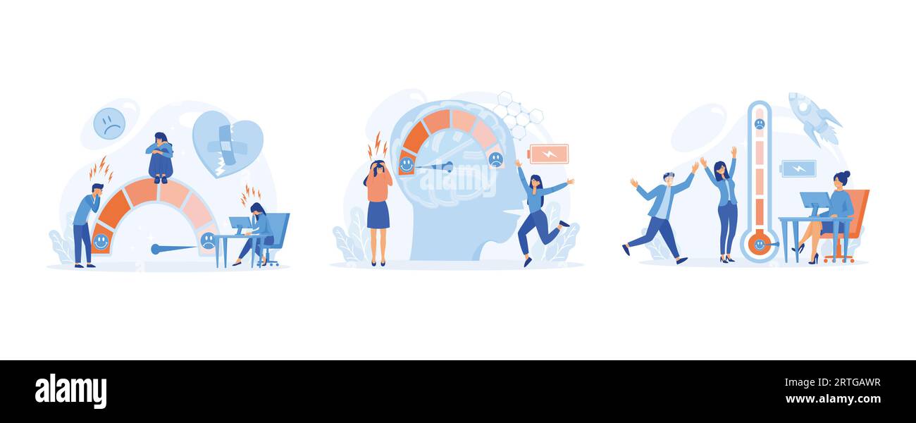 Die Menschen sind auf der Stimmungsskala, Stressrate. Energiegeladene, produktive Frau mit Full Energy Akku. Thermometer als Belastungsskala Emotionen, Stimmung. Festlegen Stock Vektor