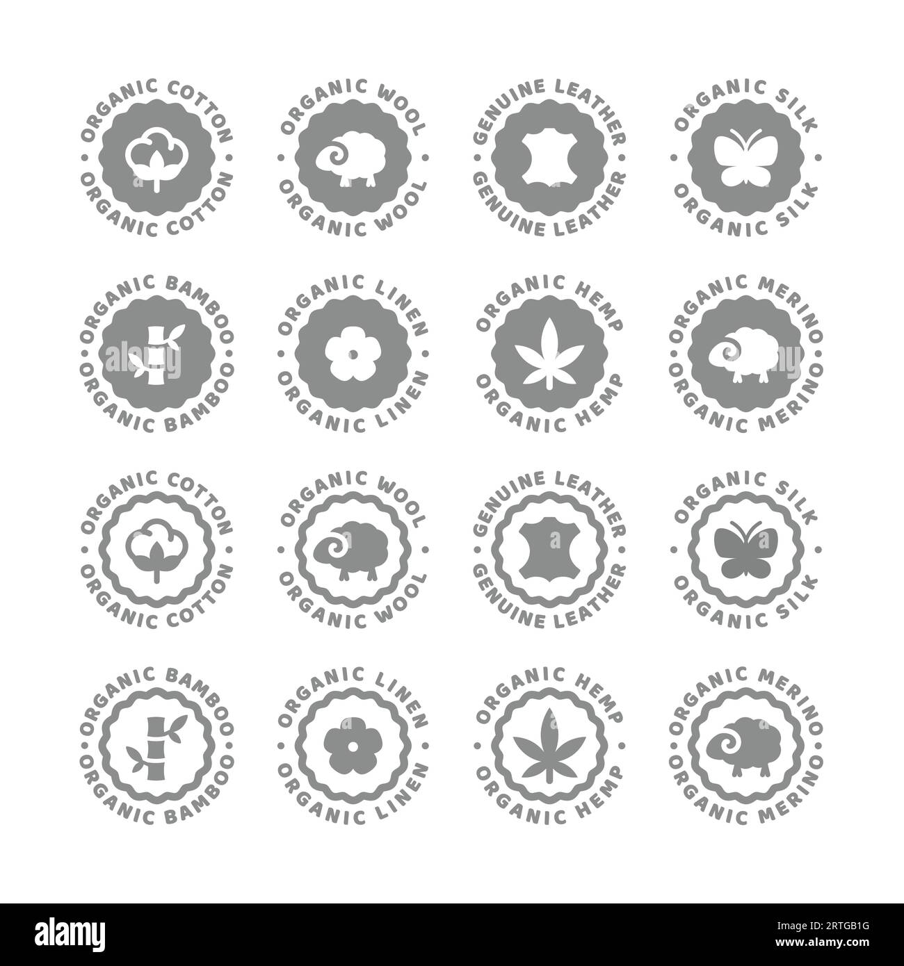 Vektoretikett aus Bio-Wolle, Baumwolle und Leinen. Natürliches Hanf und Seide, echtes Leder oder Stoff Icon. Stock Vektor