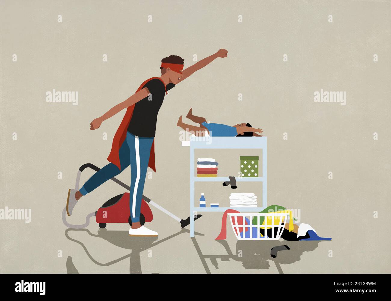 Bleib zu Hause, Vater im Superhelden cape, der die Arbeit erledigt und die Windel des kleinen Sohnes wechselt Stockfoto