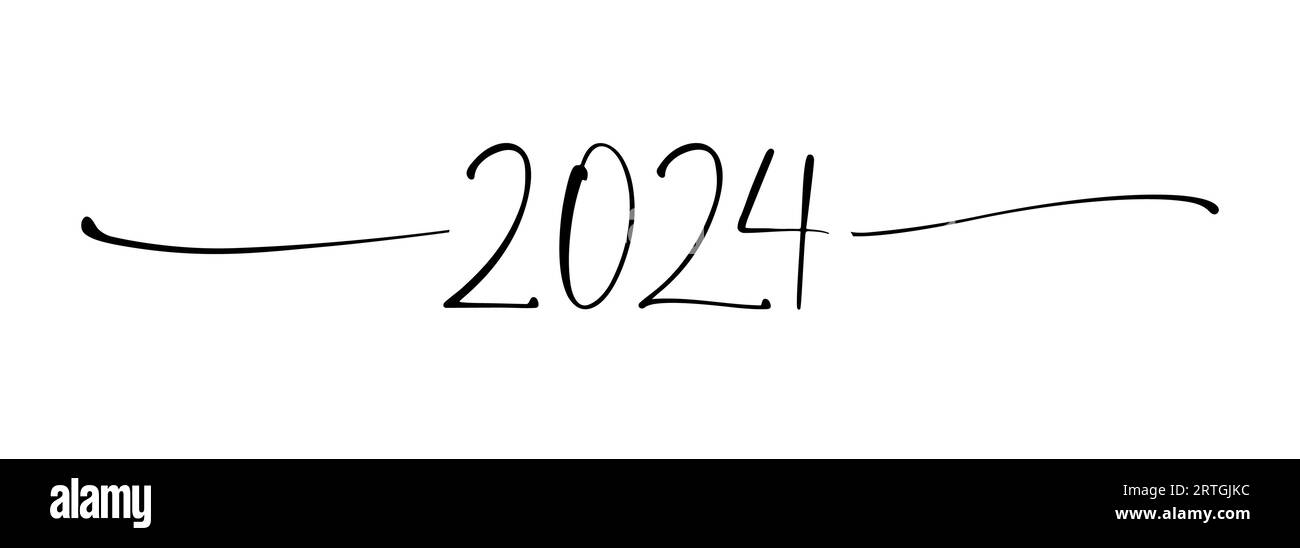 Happy New Year 2024 horizontale Einrichtung. Handgemalte Kunst Stil Linie und Nummer 20 24. Text-Trennzeichen für kreative Form. Schwarz-weiß-Farben. Neujahrsdekor Stock Vektor