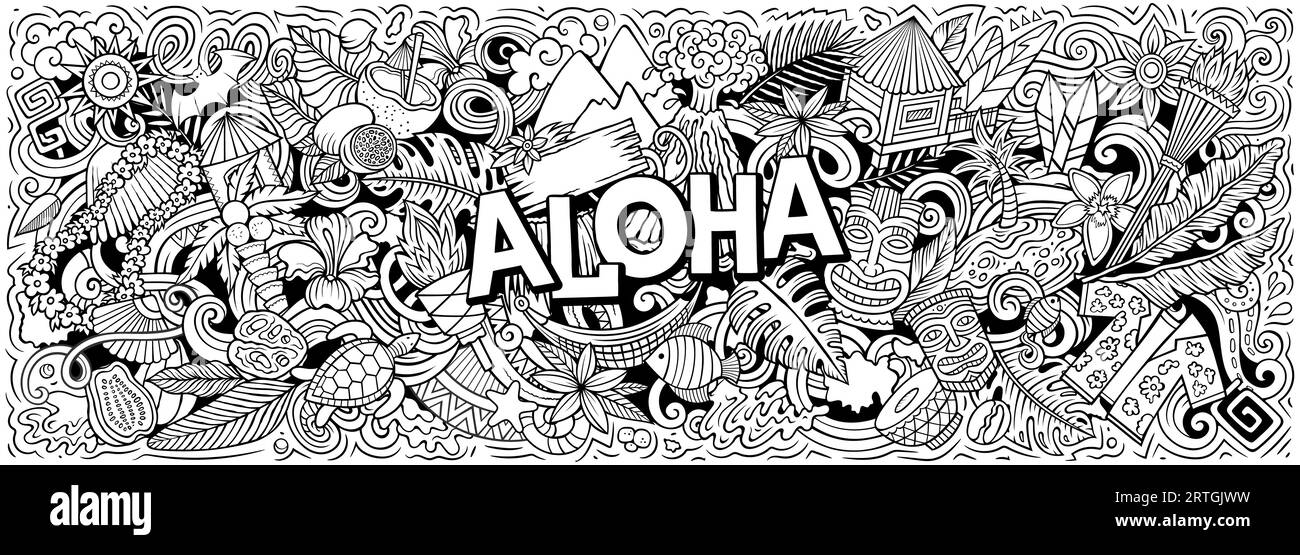 Vektor-Illustration mit Aloha Hawaii Theme Doodles. Skizzenhaftes und auffälliges Bannerdesign, das das Wesen der hawaiianischen Kultur und Traditionen einfängt Stock Vektor