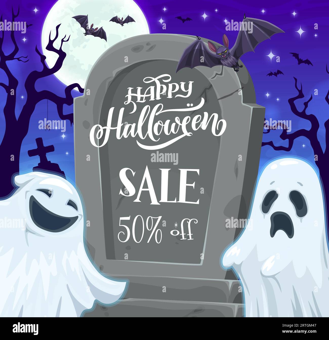 Halloween-Verkaufsbanner, Comic-Geister auf Grabstein. Vector-Werbeschild für das saisonale Herbstrabattangebot. Werbekarte mit lustigen fliegenden weißen Leinengeistern auf dem Nachtfriedhof mit Fledermäusen Stock Vektor